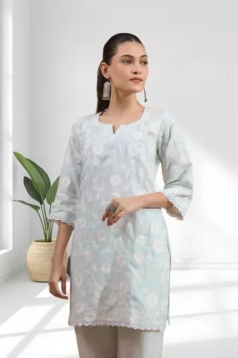 Powder blue linen short kurta with pant for women's