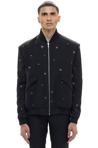 Black embroidered woolen blends jacket