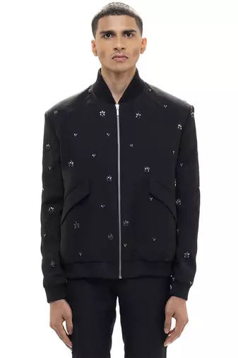 Black embroidered woolen blends jacket