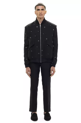 Black embroidered woolen blends jacket