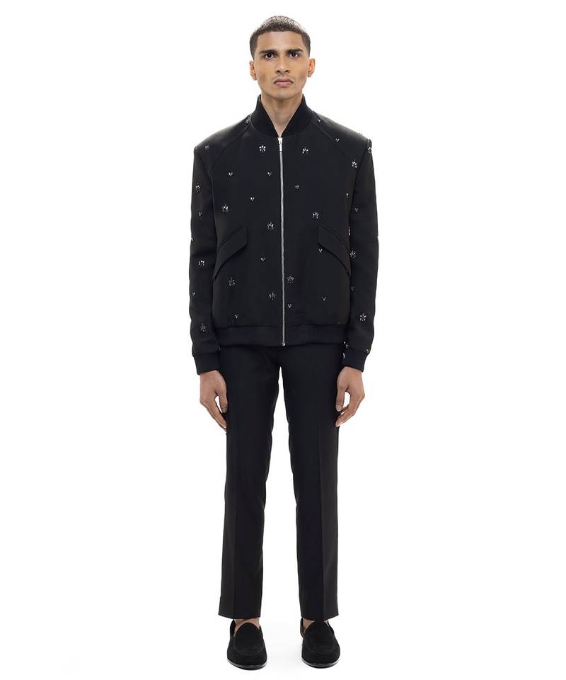 Black embroidered woolen blends jacket