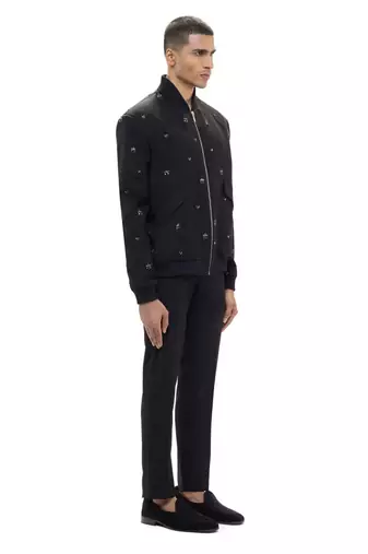 Black embroidered woolen blends jacket