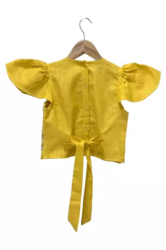 woven half sleeves embellished top with palazzo-yellow & limegreen