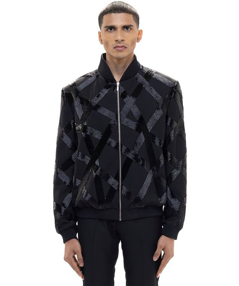 Black embroidered woolen blends jacket