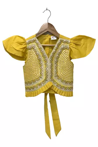 woven half sleeves embellished top with palazzo-yellow & limegreen