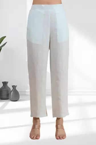Powder blue linen short kurta with pant for women's