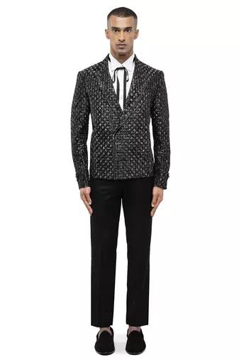 Black embroidered silk blazer