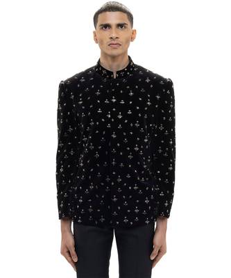 Black embroidered velvet bandhgala set 1