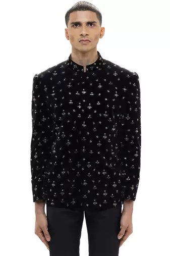 Black embroidered velvet bandhgala set