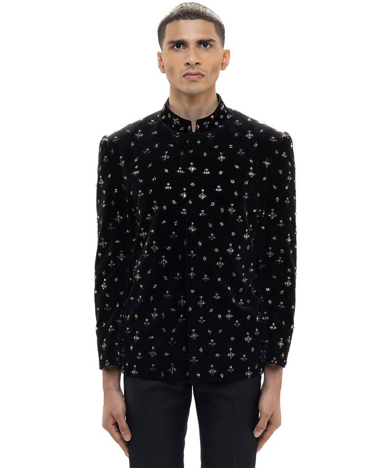 Black embroidered velvet bandhgala set