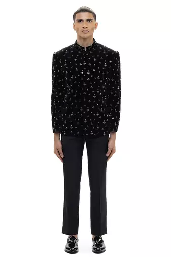 Black embroidered velvet bandhgala set