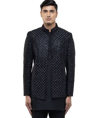 Black embroidered silk bandhgala set 1