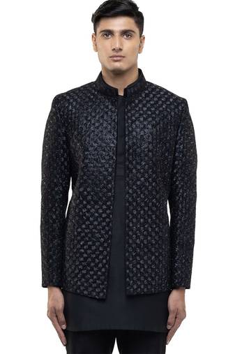 Black embroidered silk bandhgala set