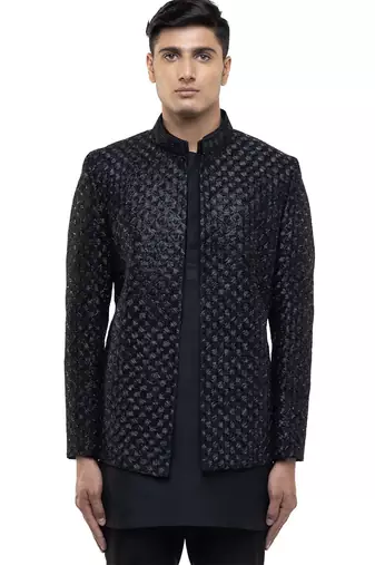 Black embroidered silk bandhgala set