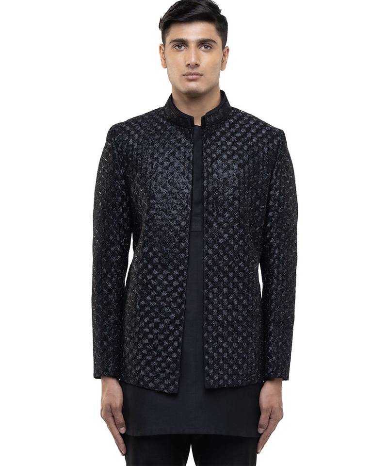 Black embroidered silk bandhgala set