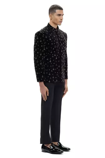 Black embroidered velvet bandhgala set