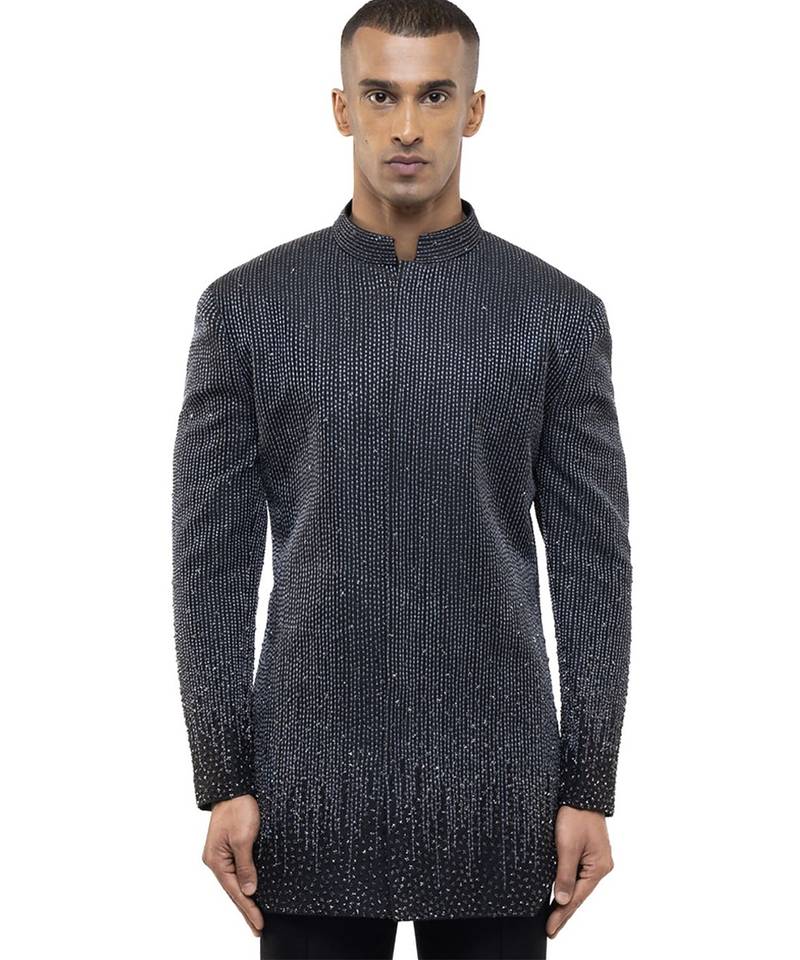 Black embroidered silk bandhgala set