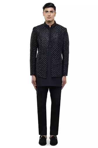 Black embroidered silk bandhgala set
