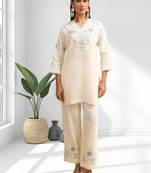 Cream short kurta with pant v-neck for women's wear