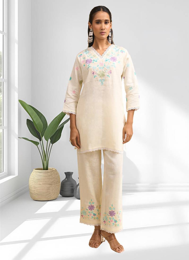 Cream short kurta with pant v-neck for women's wear