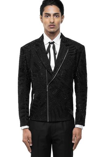 Black embroidered silk blazer