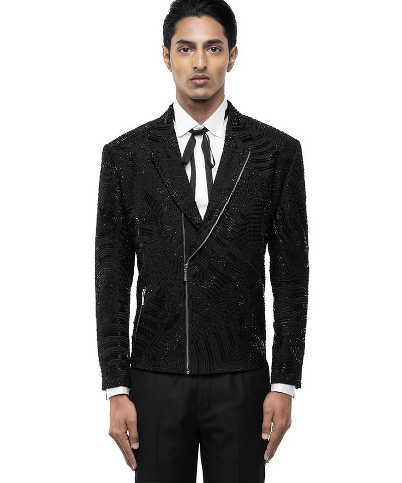Black embroidered silk blazer