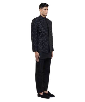 Black embroidered silk bandhgala set 3