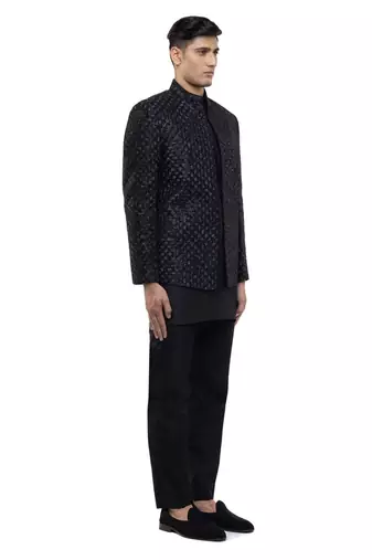 Black embroidered silk bandhgala set
