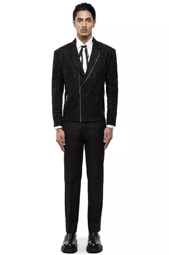 Black embroidered silk blazer