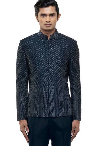 Blue embroidered silk bandhgala set