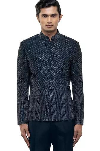 Blue embroidered silk bandhgala set