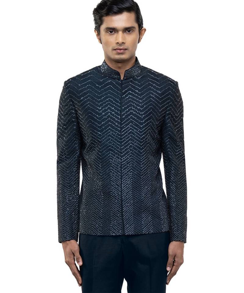 Blue embroidered silk bandhgala set