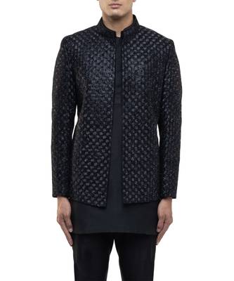 Black embroidered silk bandhgala set 5