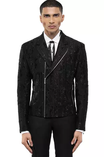 Black embroidered silk blazer