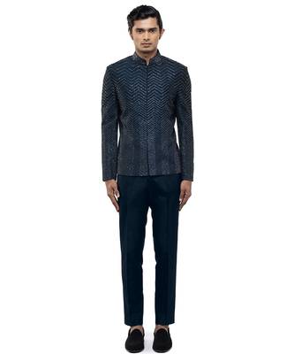 Blue embroidered silk bandhgala set 2