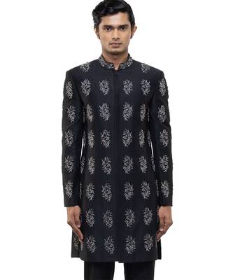 Black embroidered silk sherwani set 1