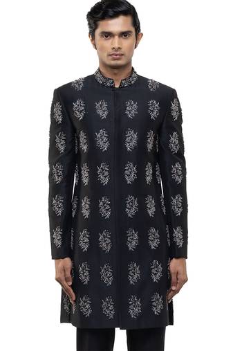 Black embroidered silk sherwani set