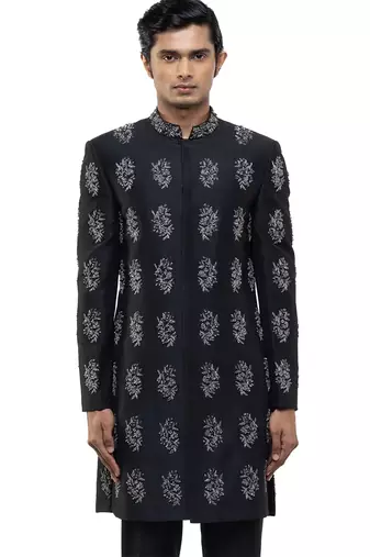 Black embroidered silk sherwani set