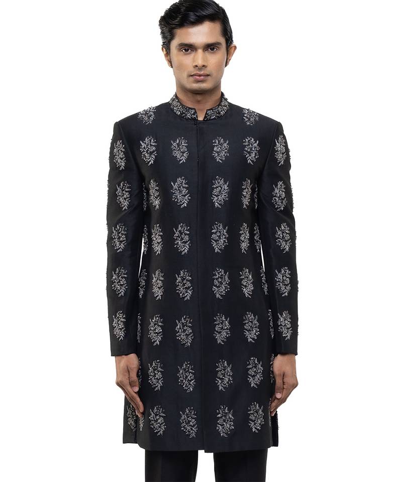 Black embroidered silk sherwani set