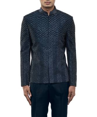 Blue embroidered silk bandhgala set 5
