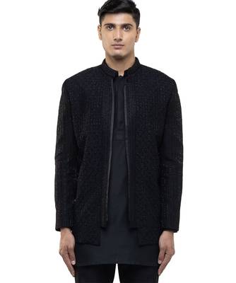 Black embroidered silk bandhgala set 1