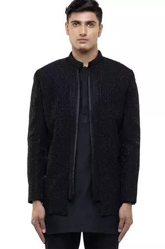 Black embroidered silk bandhgala set