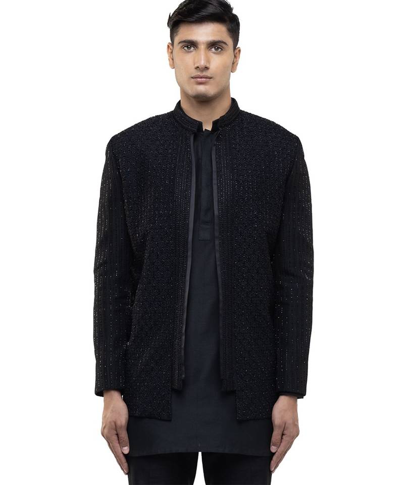 Black embroidered silk bandhgala set