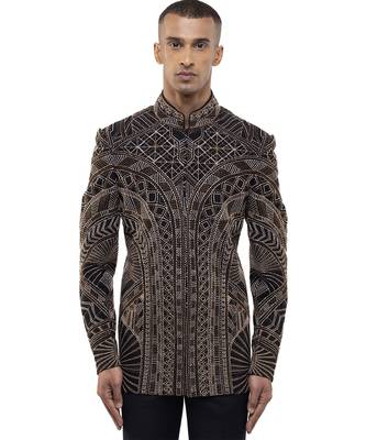Black embroidered silk bandhgala set 1