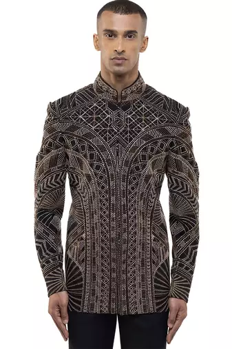 Black embroidered silk bandhgala set