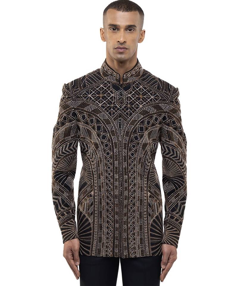 Black embroidered silk bandhgala set