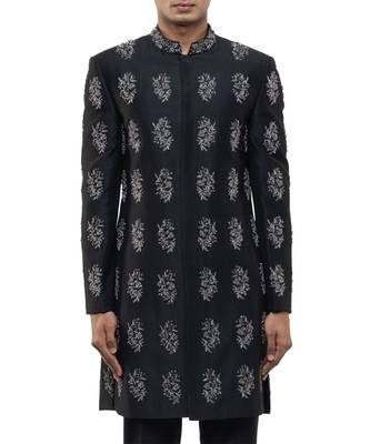 Black embroidered silk sherwani set 2