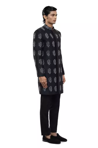 Black embroidered silk sherwani set