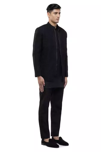 Black embroidered silk bandhgala set