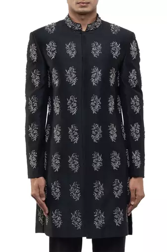 Black embroidered silk sherwani set